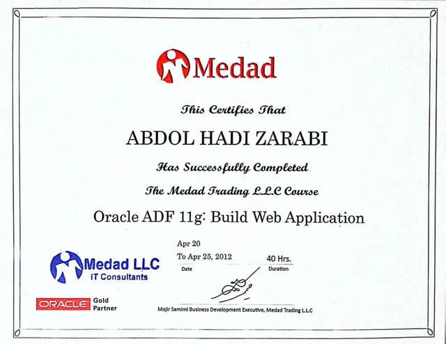 گواهی‌نامه دوره Oracle ADF 11g: Build Web Application برای عبدالهادی ضرابی